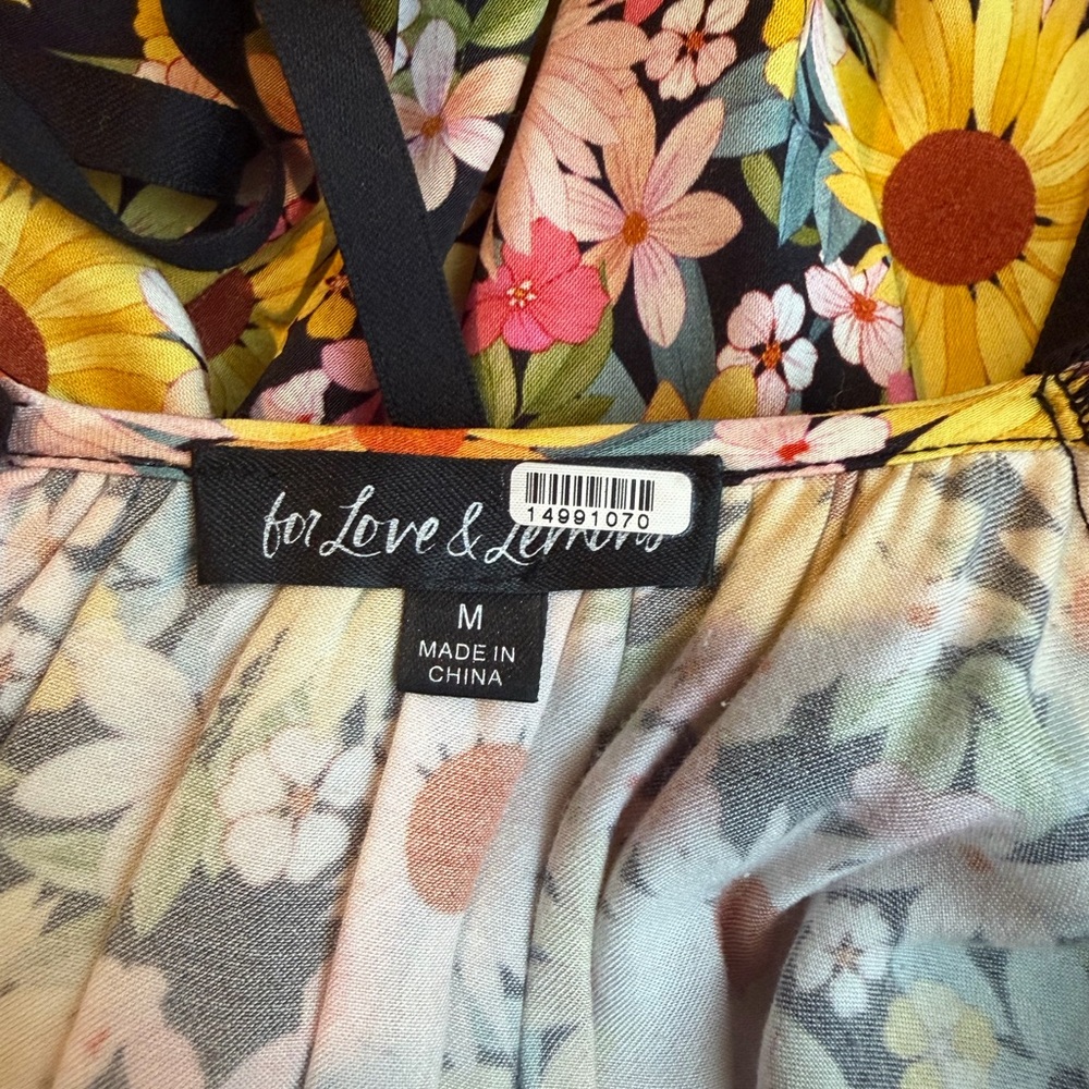 Sylvia Dress For Love And Lemons Floral Puff-Sleeve Dress Yellow, Pink, Black - Picture 3 of 3